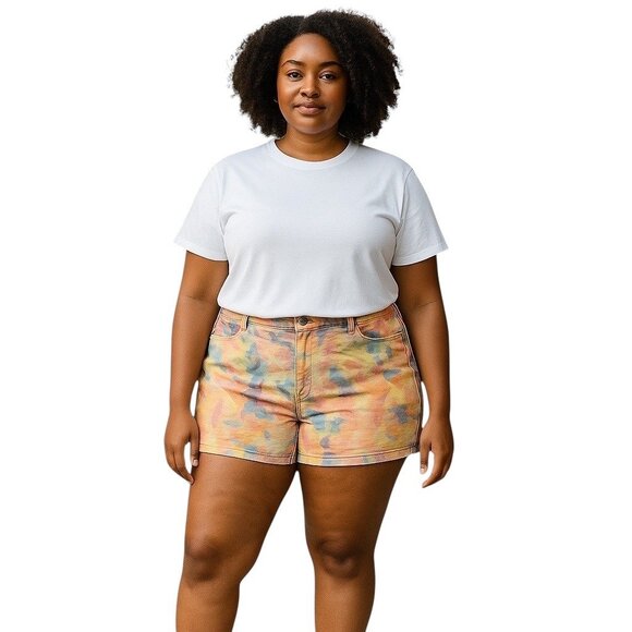 Lane Bryant Water Color Print Denim Shorts Yellow Size 22 Summer Coastal Casual - Picture 1 of 12